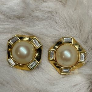 Vintage Monet Pearl and Crystal Rhinestone Octagon Shaped Earrings